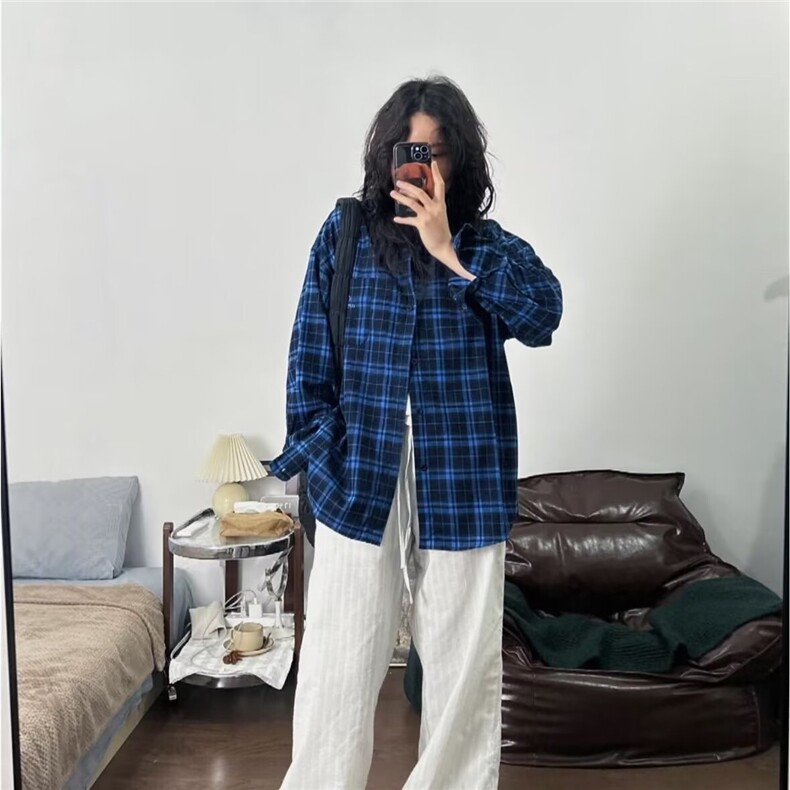 蓝色美式复古松弛格子衬衫大版宽松简约外套刺绣长袖上衣百搭衬衣,男装衬衫,星座506A