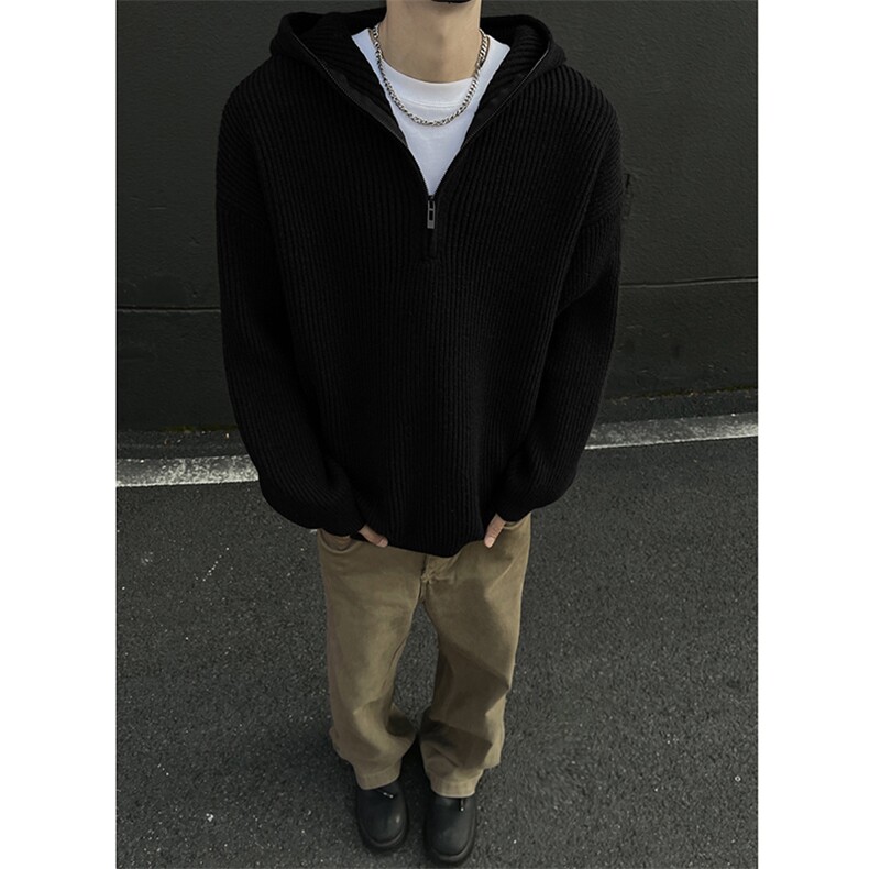 517A-8-M624-P85 现货重磅高品质毛衣拉链连帽韩版针织衫黑墙图片