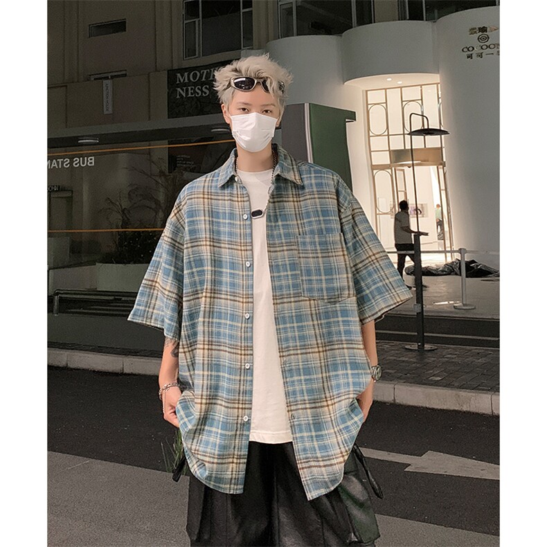 夏季新款高街宽松衬衫男高品质格子五分袖衬衣,男装衬衫,电商A102-1