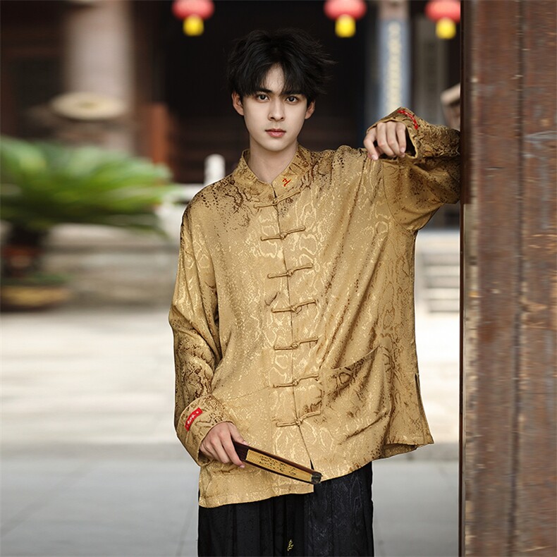 衬衫中式风（黑财神）潮丝绸提花改良唐装外套男女C3460，男装衬衫，星座305A（原312A-1）