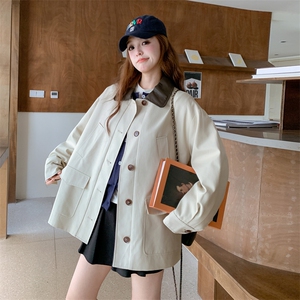 pu皮领拼接工装风衣外套女春秋2025新款爆款高级感学院风夹克上衣图片