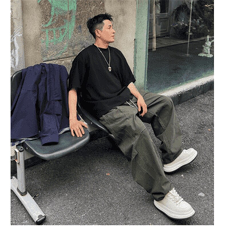 抖音得物纯色简约休闲裤男日系复古宽松束脚口袋装饰工装裤AK10,男装工装外套,电商A443