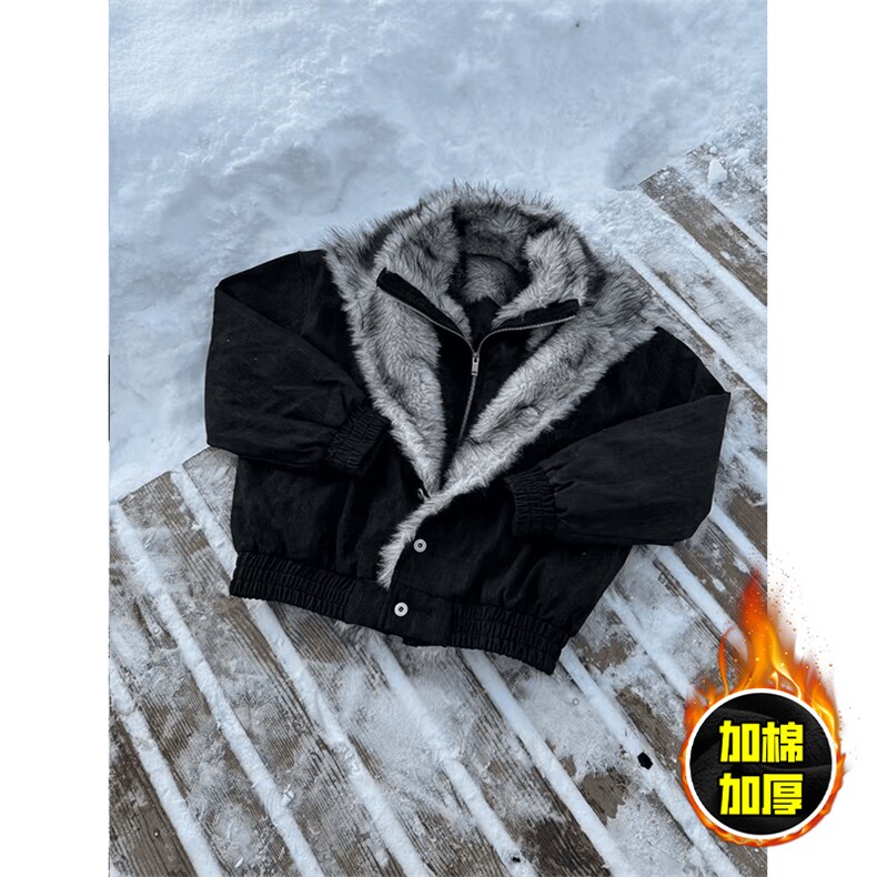 现货高品质美式高街重磅狼王座山雕毛毛领假两件棉衣加厚棉服外套，男装棉衣，电商A486-1
