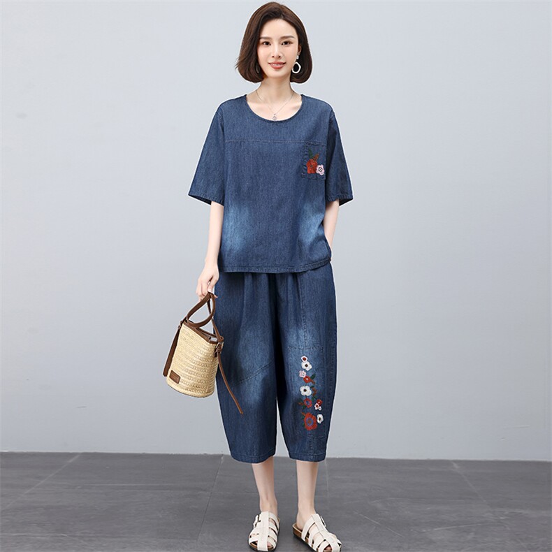 中年妈妈薄款纯棉牛仔套装女夏季新款宽松遮肚子显瘦七分裤两件套,女装套装/套裙,独衣靓