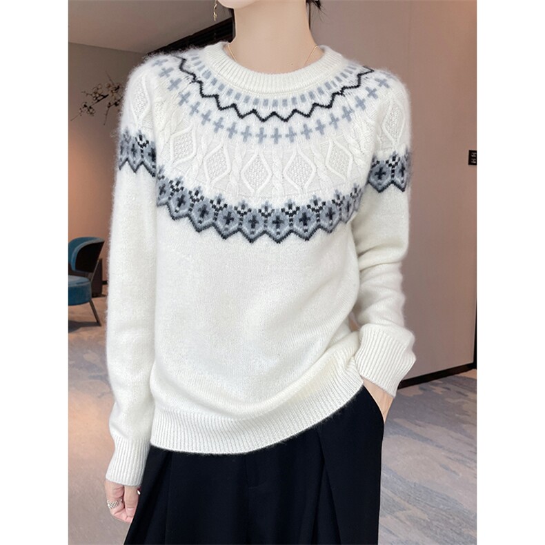 100%纯羊毛衫针织毛衣女圆领菱形提花拼色长袖上衣宽松羊绒衫打底，女装羊毛衫，隆格羊绒