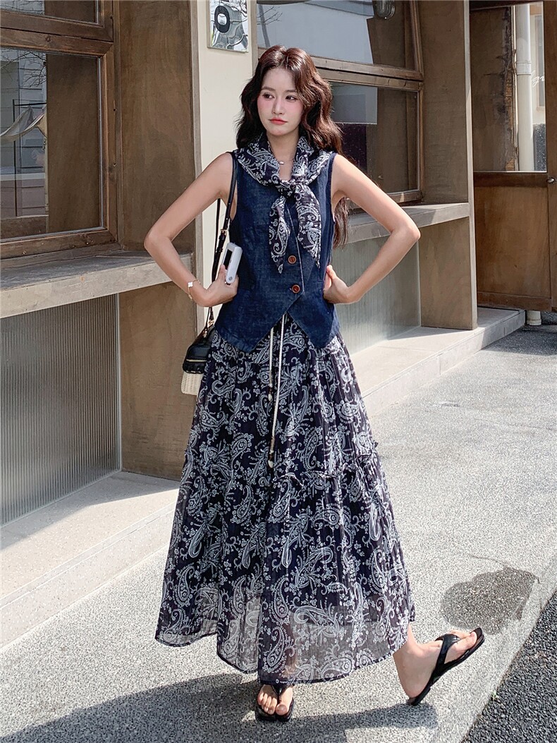 《26夏上新》水洗薄牛仔收腰马甲+波西米亚半裙两件套裙子女,女装套装/套裙,苗苗