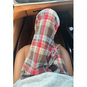 美式复古酒红色毛呢格子裤男款秋冬重磅卫裤宽松直筒休闲裤子图片