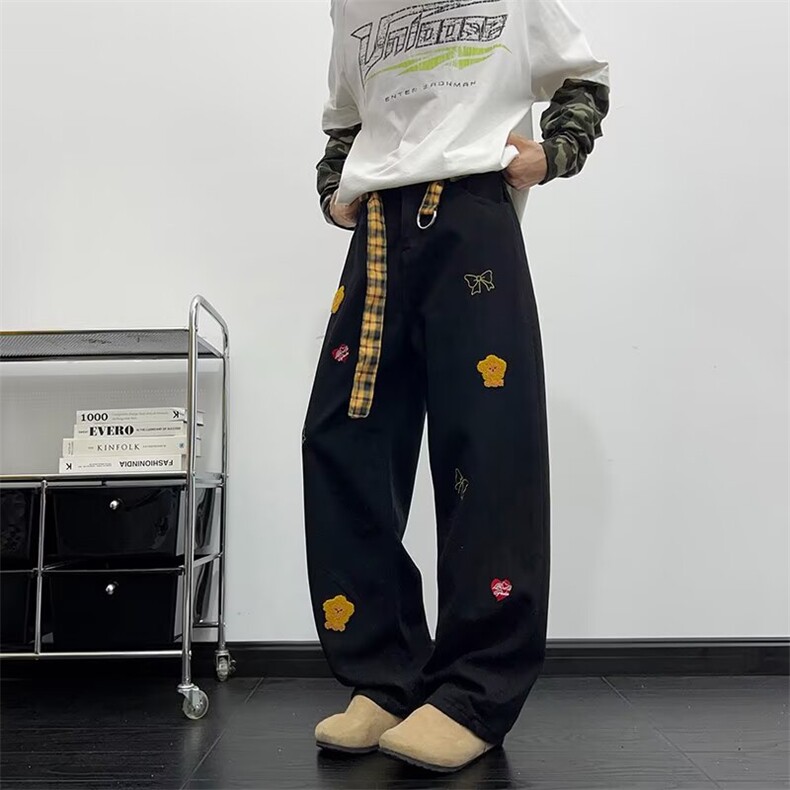 刺绣设计感卡通牛仔裤男2025秋季情侣款宽松直筒休闲裤RK3139-P48图片