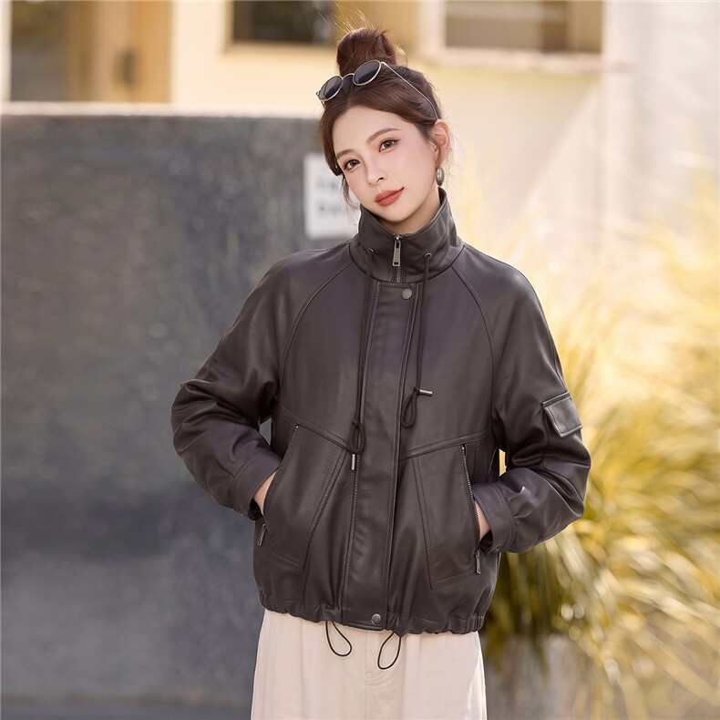 【大量现货】皮衣外套女新款高级感复古休闲抽绳翻领宽松皮夹克,女装皮衣,韩蔻秀
