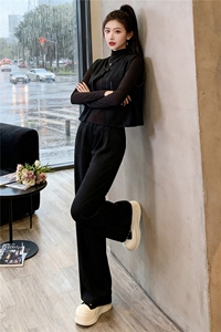 高端时尚套装女秋显瘦短款马甲外套内搭深灰打底衫阔腿长裤三件套图片