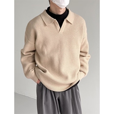 秋冬季韩风复古翻领毛衣男士厚v领慵懒风长袖休闲宽松针织打底衫，男装T恤，星座1013-1