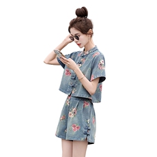 现货主推2026年夏季新款女装时尚复古印花轻薄牛仔新中式两件套，女装套装/套裙，关键词