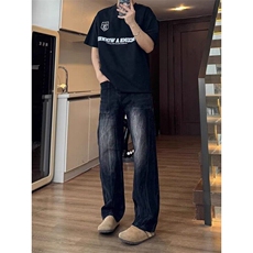 W9638-P48网图现货冰裂纹牛仔裤潮流街头宽松直筒时尚长裤裤，男装牛仔裤，星座1608-2