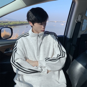 wassup happy美式半拉链卫衣男秋冬季潮牌条纹休闲外套宽松上衣服图片