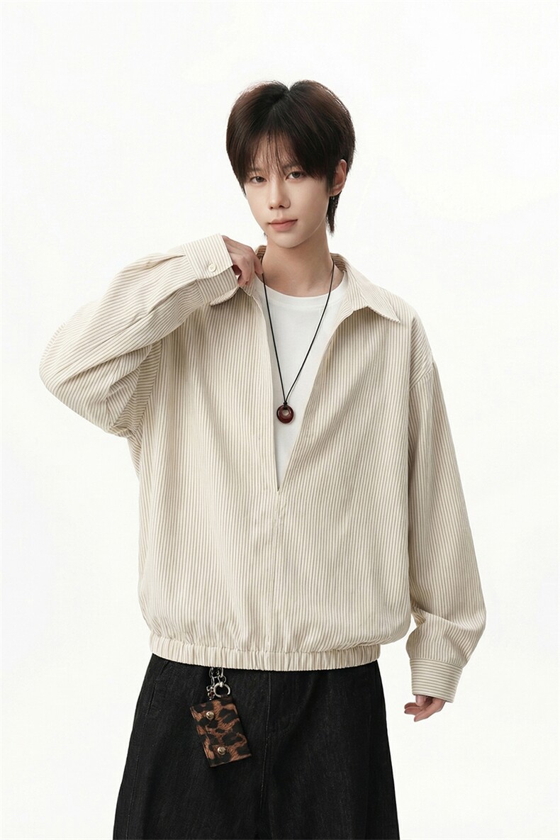 宽松廓形个性上衣日系cityboy灰竖纹经典翻领衬衫HY921TP48控88,男装衬衫,电商A102B