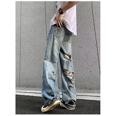 夏款男做旧复古牛仔裤破洞乞丐宽直筒长裤NK7059P48，男装牛仔裤，星座1013-1