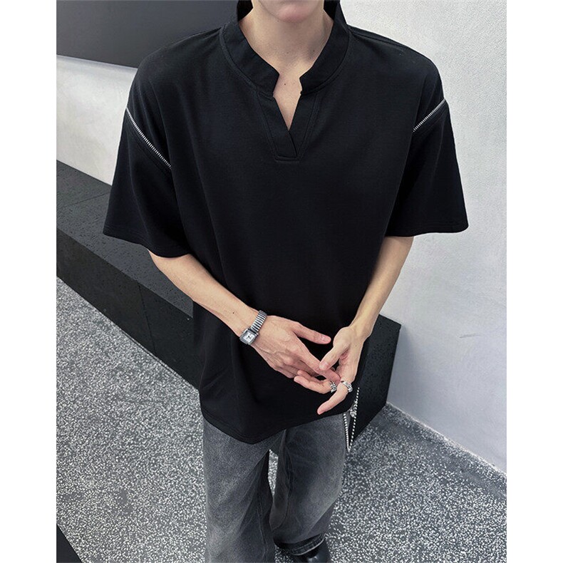 美式机车V领短袖T恤设计感T恤肩部拉链时尚设计 短袖T恤半袖 P48图片