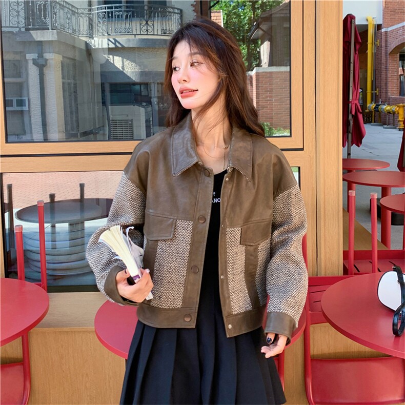 韩版时尚拼接皮衣外套女2025春秋季新款港风复古宽松显瘦夹克上衣,女装皮衣,2C118