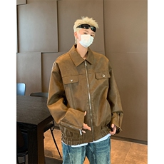 美拉德棕色皮衣外套男美式复古炸街设计感拉链宽松机车痞帅皮夹克，男装夹克，星座410-6（原星座1304-1）
