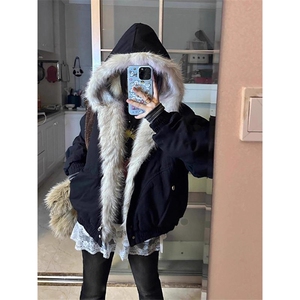 现货高品质美式高街冬季重磅硬挺短款座山雕毛领棉衣男女加厚外套图片
