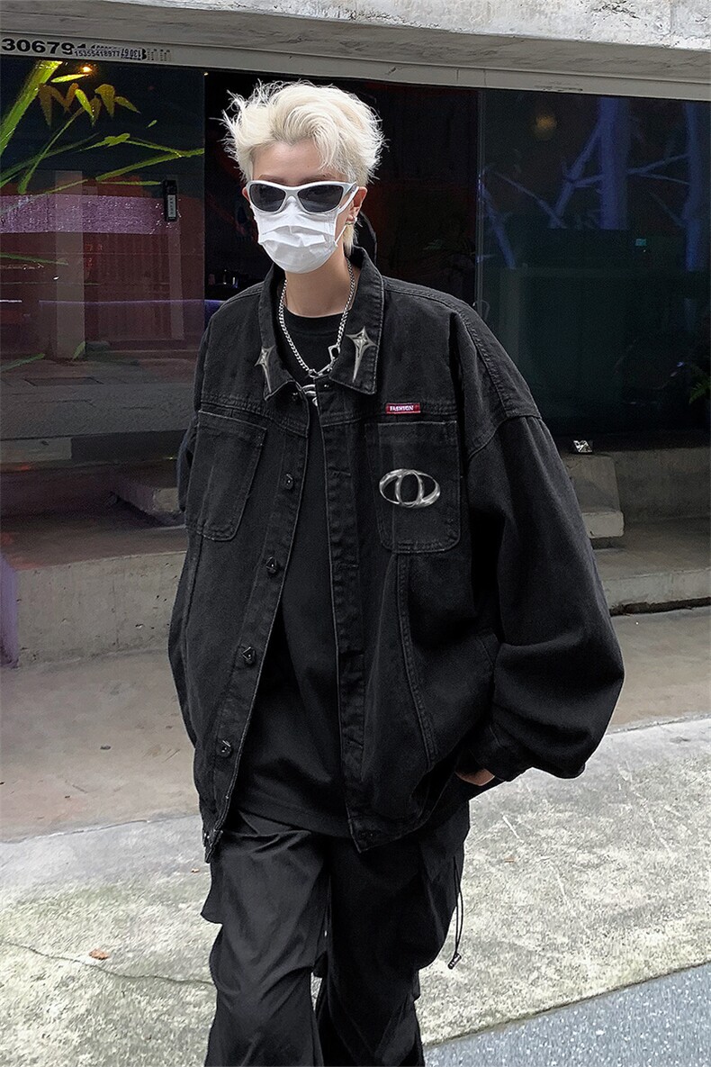 男装牛仔外套2026秋季几何绣标印花男生翻领夹克XZ514-2-N99-P88,男装工装外套,星座514-2(原B239)
