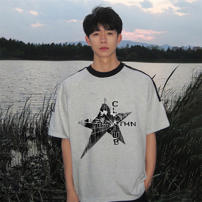 夏季美式高街重磅纯棉三条杠织带撞色男女短袖T恤ZD520-特P30,男装T恤,电商A486
