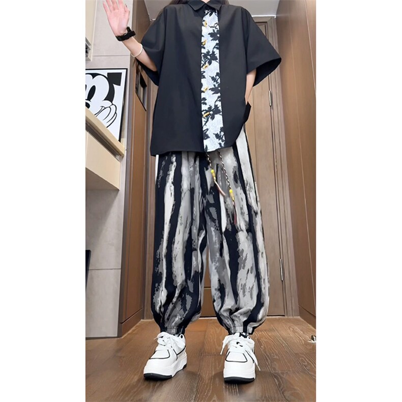 水墨画风新中式冰丝裤子潮束脚裤宽松灯笼裤504-K203-P50控78,男装休闲裤,星座504
