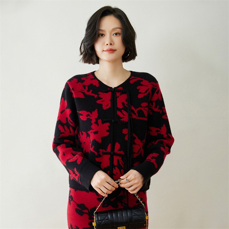 时尚提花盘扣35%羊绒开衫 优雅显瘦女装毛衣外套图片