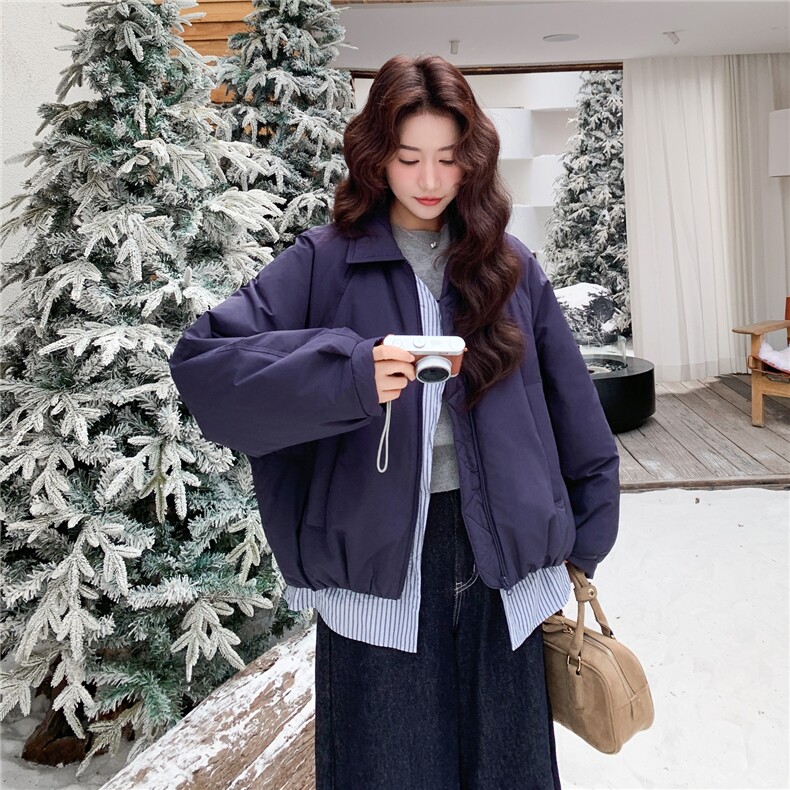 藏青色格子拼接假两件短款羽绒服女冬季2025新款设计感白鸭绒外套,女装羽绒服,慧尚2-185