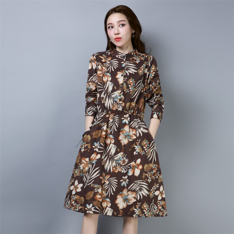 连衣裙印花长袖时尚气质修身显瘦潮流圆领排多扣,女装连衣裙,小林双子