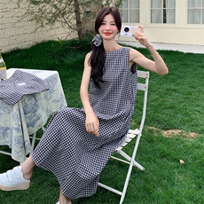 正反两穿黑白格子无袖连衣裙女2025夏季新款法式复古宽松背心裙潮，女装连衣裙，2C085
