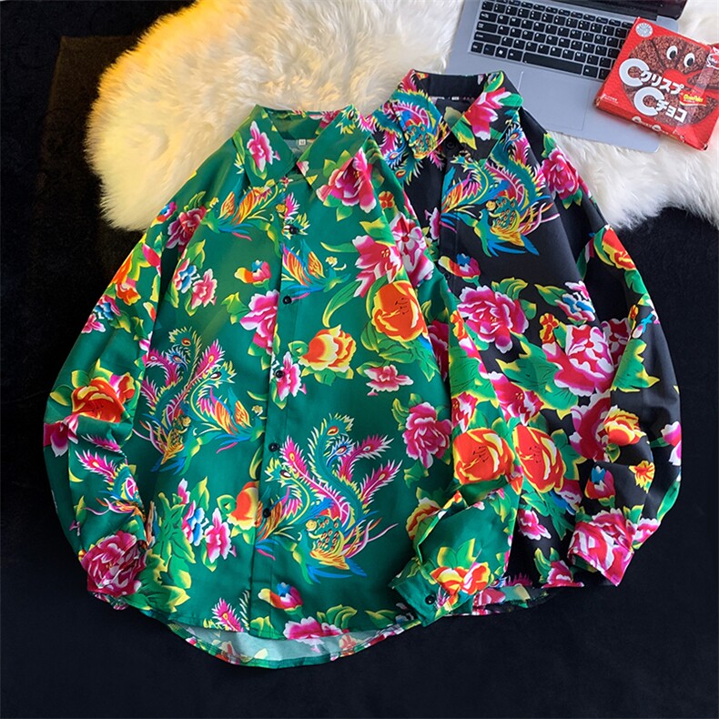 C203秋装长袖男女宽松东北大花衬衣民族特色新中式表演出汉服情侣，男装民族服装，星座115A-1