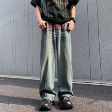 水洗做旧牛仔裤男春季美式复古宽松阔腿直筒拖地长裤炸街痞帅裤子，男装牛仔裤，星座1013