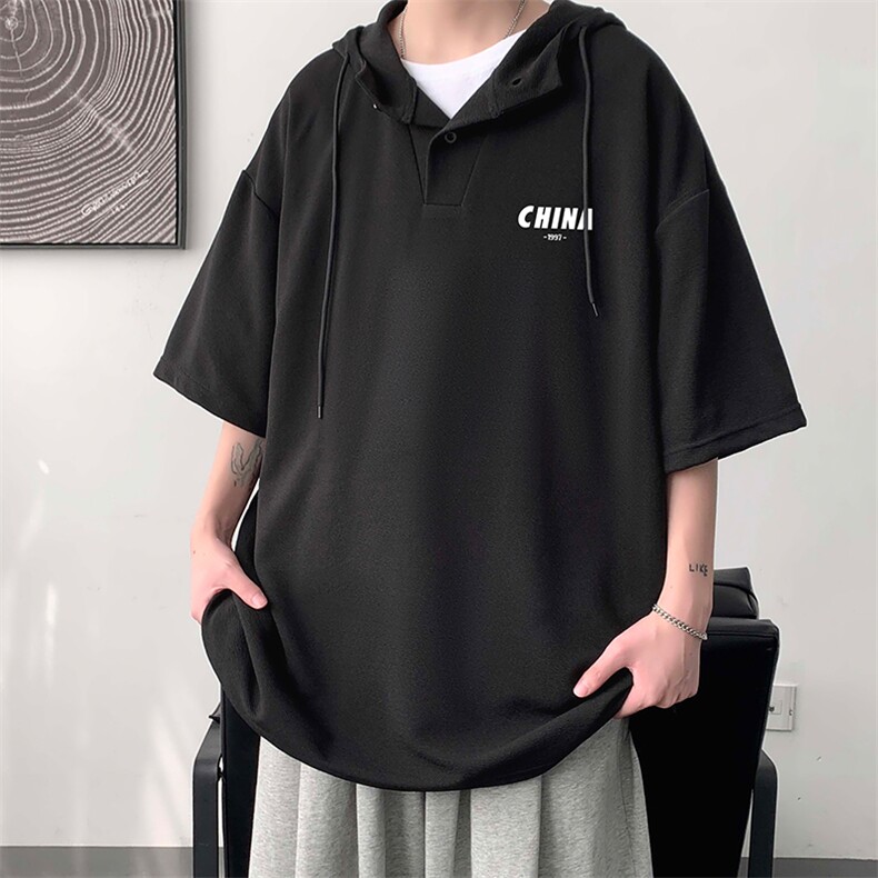 LD54248-P45连帽短袖t恤男大码胖子带帽五分袖中袖大皂风,男装T恤,电商A040
