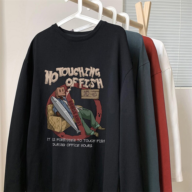 新款情侣卡通印花T恤男纯棉宽松休闲圆领长袖体恤衫HY387TP25,男装T恤,电商A102B
