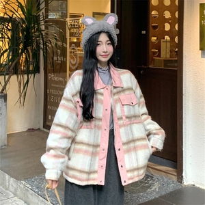 A277-P110 双层内里拼接外套新款小香风毛呢格子慵懒宽松夹克图片