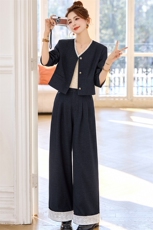 现货2025春装新款时尚领带简约V领花边两件套裤装，女装套装/套裙，盈茜