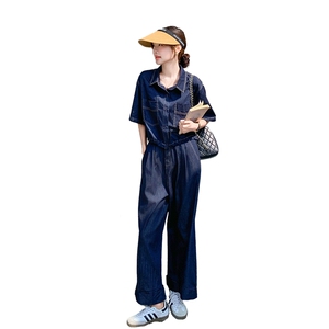 盐系轻熟风薄款天丝牛仔短袖上衣阔腿裤套装两件套女夏季时尚洋气图片