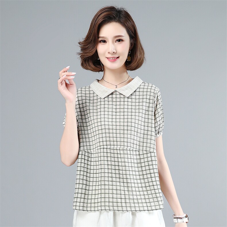 2021年夏季短袖纽扣通勤立领套头文艺小方格上衣，女装大码女装，叶笙衣