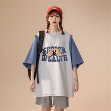 中性风2023新款假两件字母印花休闲情侣短袖T529P35---控58，男装T恤，A247A