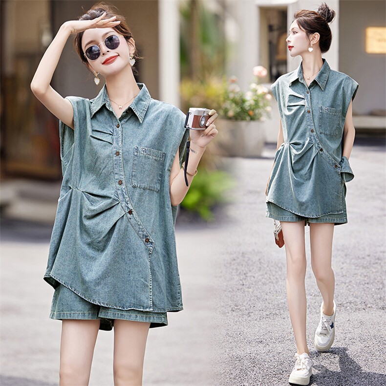 不规则收腰牛仔衬衫短裤套装女夏2025新款巨好看流行两件套酷飒，女装套装/套裙，大掌柜