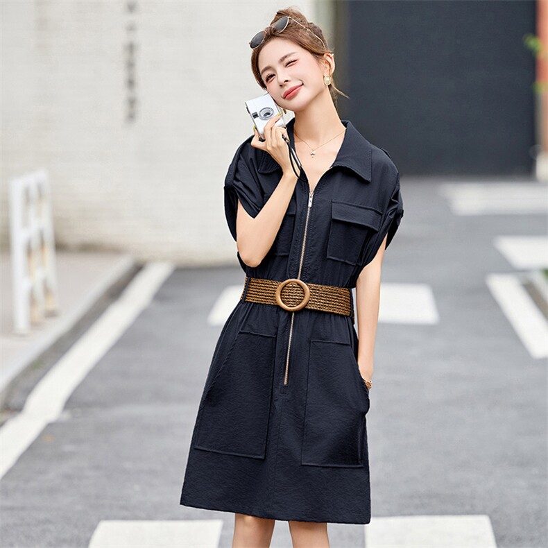 时尚休闲翻领工装风连衣裙女2025夏季新款小个子宽松显瘦短袖裙子,女装连衣裙,美沁