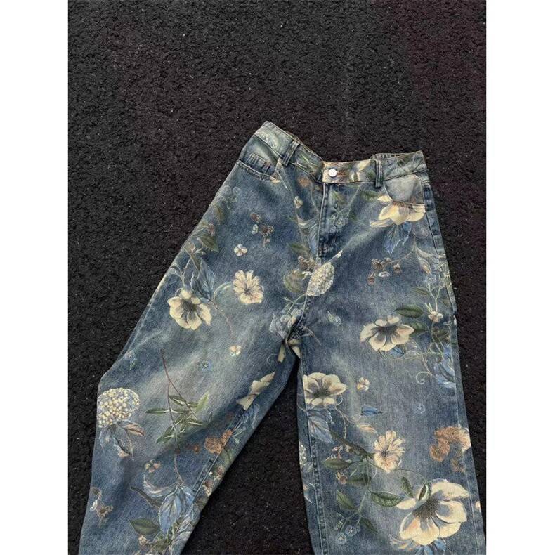 春季新款vintage美式花卉宽松阔腿牛仔裤复古着男拖地GJ165P60,男装牛仔裤,电商D256-1(原A064-1)