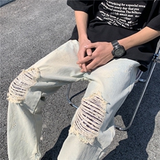 DXK8035-P50潮牌美式复古刀割破洞做旧水洗新款牛仔裤男直筒长裤，男装牛仔裤，星座603-2