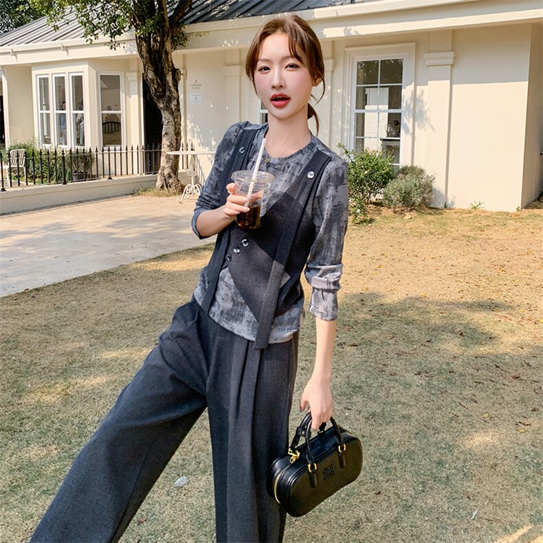 开春穿搭ootd一整套女超火高级感假两件拼接印花上衣阔腿裤两件套,女装套装/套裙,浙宝069