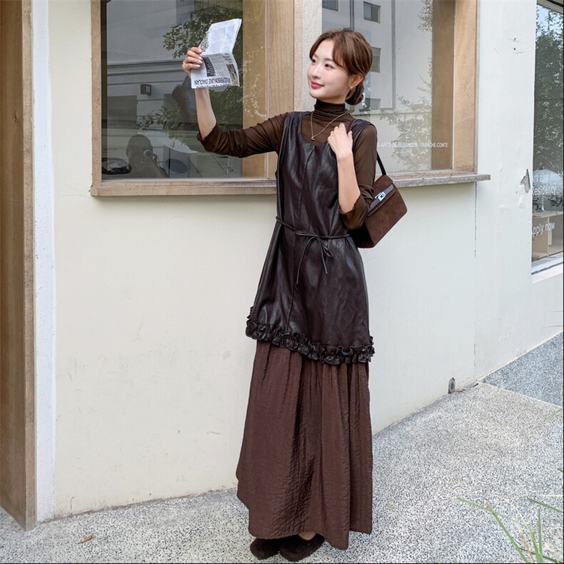 法式复古气质休闲连衣裙套装女秋季2025新款打底衫背心皮裙两件套，女装套装/套裙，橙子家