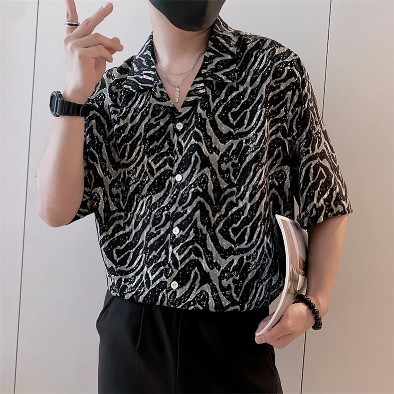 S87/P58控78夏季社会小伙复古轻奢冰丝条纹凉感衬衫男黑首1,男装衬衫,星座305B