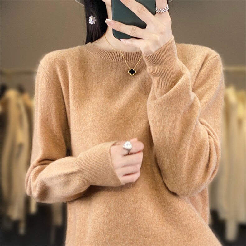 纯毛圆领仿羊毛衫女2024春秋新款修身长袖打底针织衫短款毛衣,针织衫/毛衣,桦兴羊绒