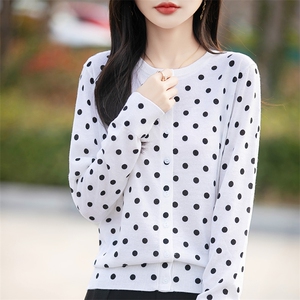 简约时髦灰色波点针织开衫女2025新款长袖精纺细羊毛薄短外套毛衣图片