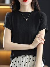 精纺羊毛纯色短袖t恤女上衣打底衫翻边袖夏装百搭宽松显瘦针织衫，女装针织衫/毛衣，鄂维那特